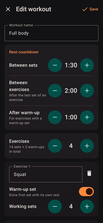 Set exercises, sets and rest times once