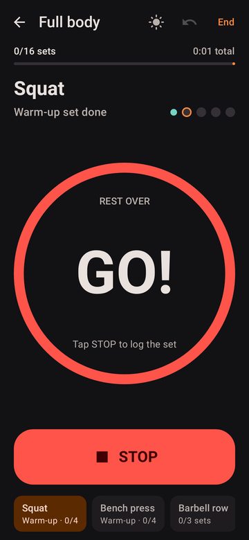 The alarm rings: tap Stop and lift